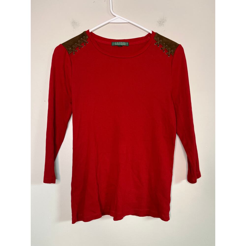 Lauren Ralph Lauren Suede Shoulder Red Old Money Quiet Luxury Equestrian Shirt M